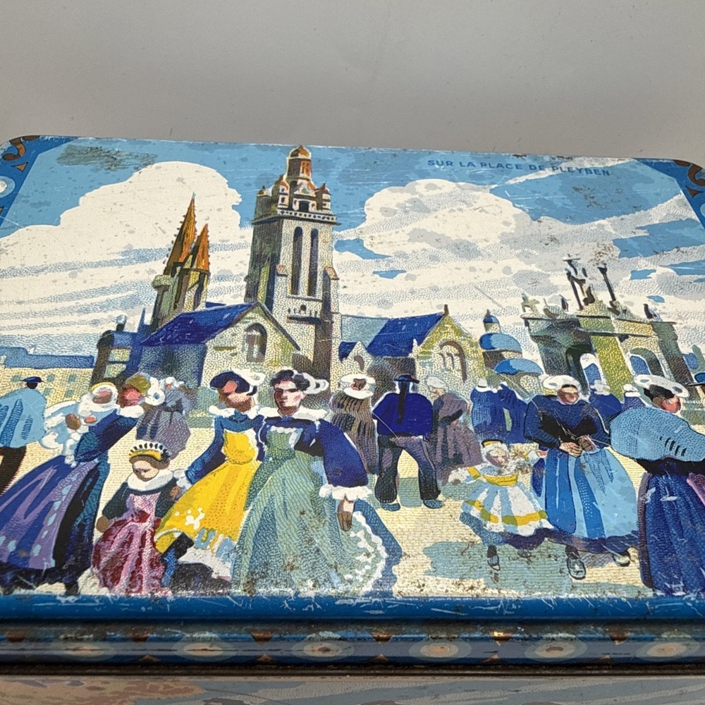 Old French Metal Tin Sur La Place De Pleyben Vibrant Colors 7x5